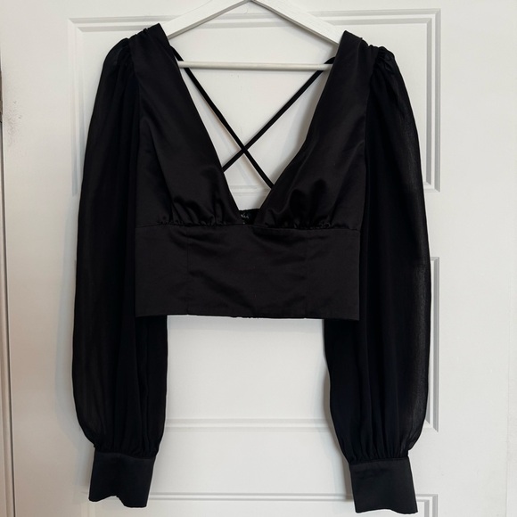 Dynamite Tops - Dynamite Satin V-Neck Sheer Balloon Sleeve Crop Top Blouse